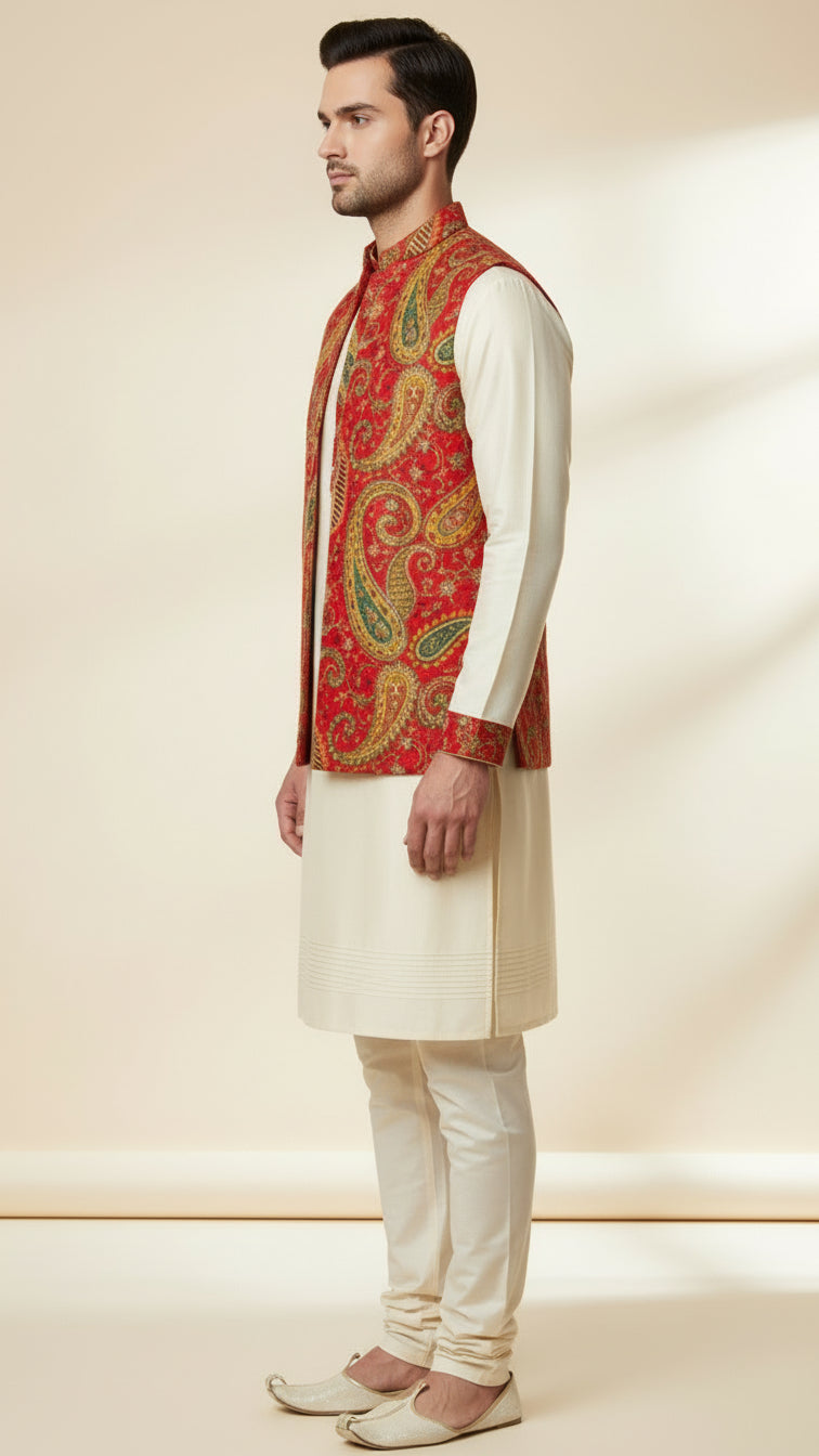 Red Paisley Printed Nehru Jacket Set