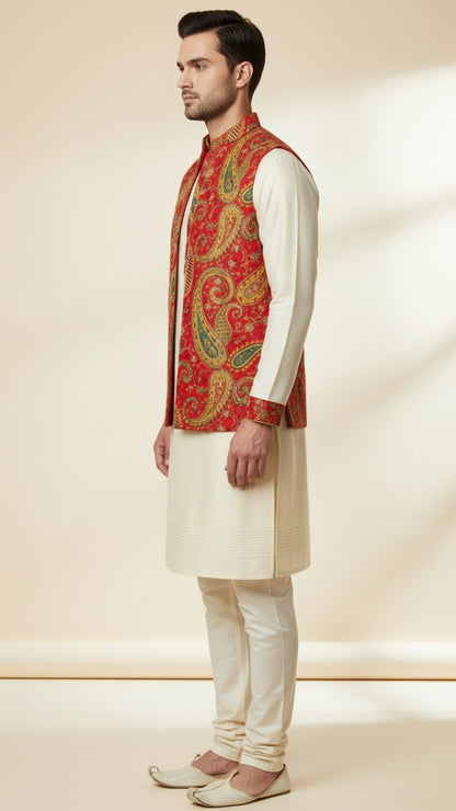 Red Paisley Printed Nehru Jacket Set