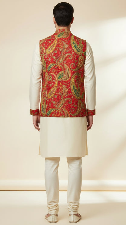 Red Paisley Printed Nehru Jacket Set