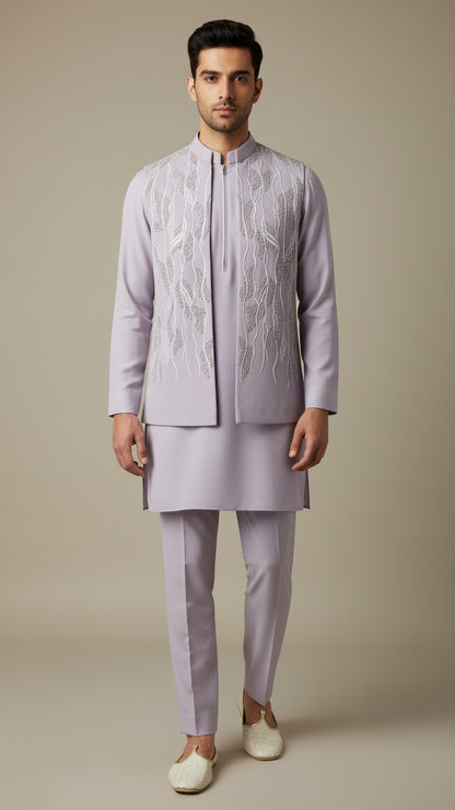 Lavender Thread-Embroidered Kurta Jacket Set