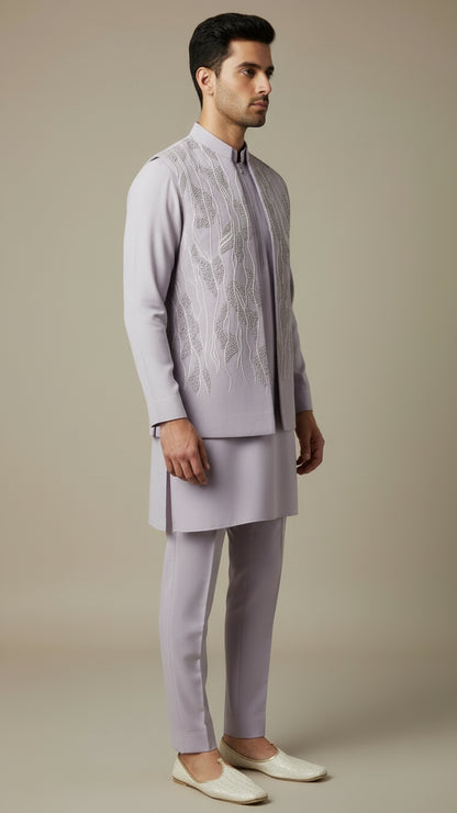 Lavender Thread-Embroidered Kurta Jacket Set