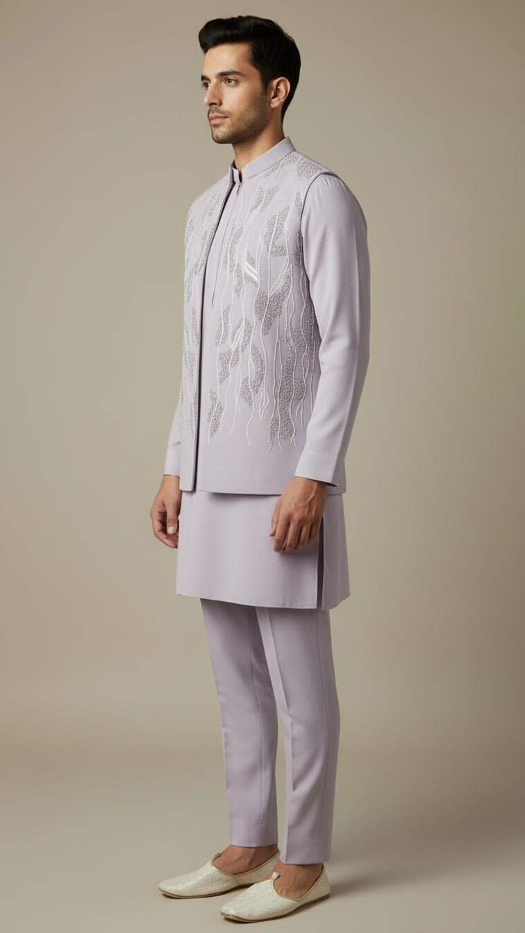 Lavender Thread-Embroidered Kurta Jacket Set