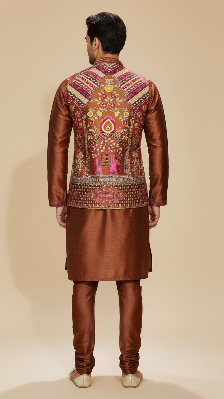 Rust Brocade Nehru Jacket Set