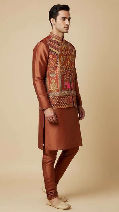Rust Brocade Nehru Jacket Set