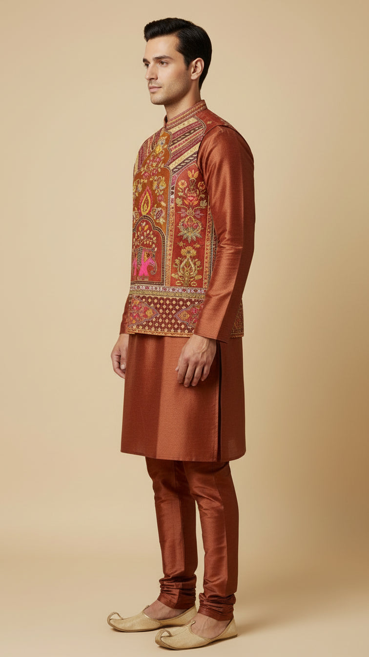 Rust Brocade Nehru Jacket Set