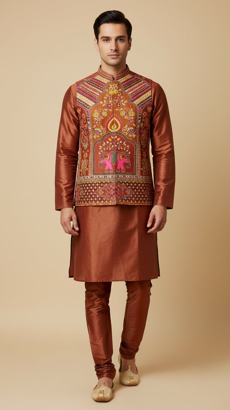 Rust Brocade Nehru Jacket Set