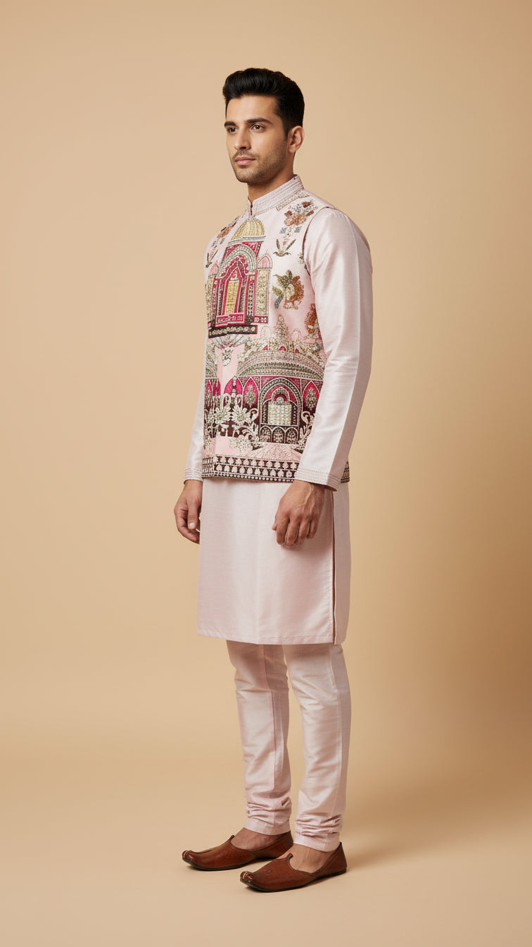 Blush Pink Thread-Embroidered Nehru Jacket Set