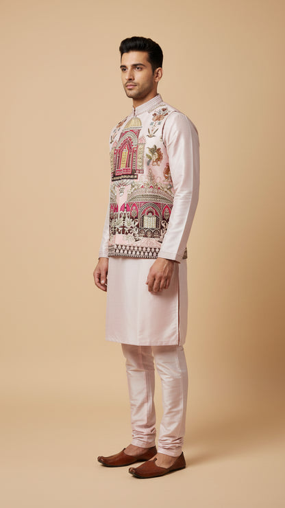 Blush Pink Thread-Embroidered Nehru Jacket Set