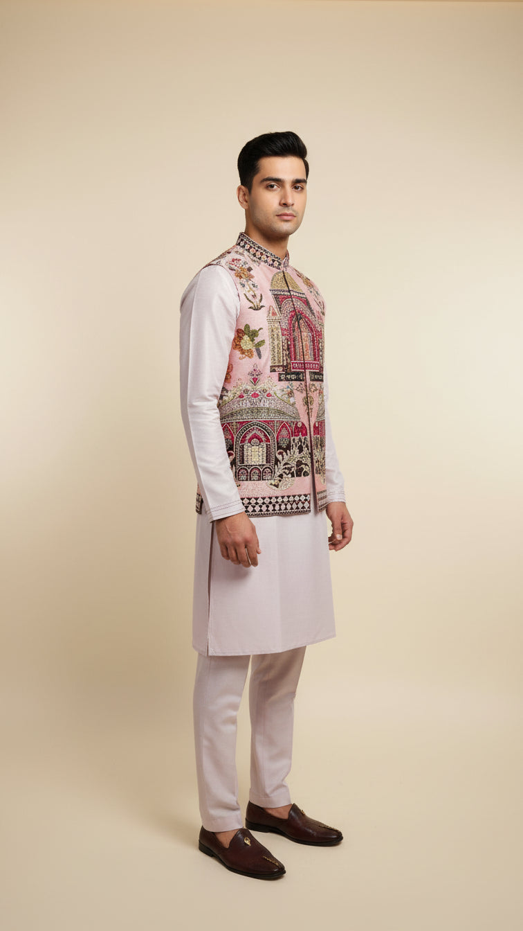 Blush Pink Thread-Embroidered Nehru Jacket Set
