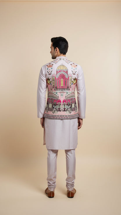 Blush Pink Thread-Embroidered Nehru Jacket Set
