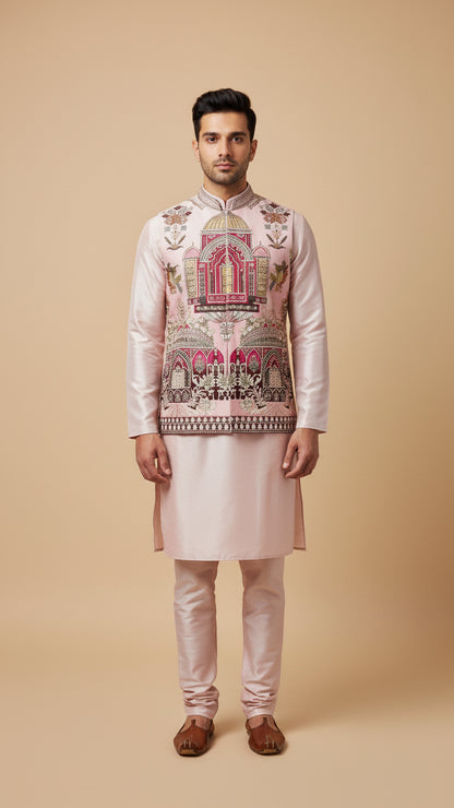 Blush Pink Thread-Embroidered Nehru Jacket Set