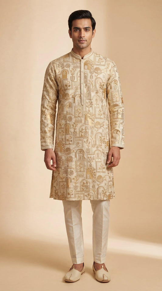 Beige Printed Kurta Set for Men | Dresswala NX