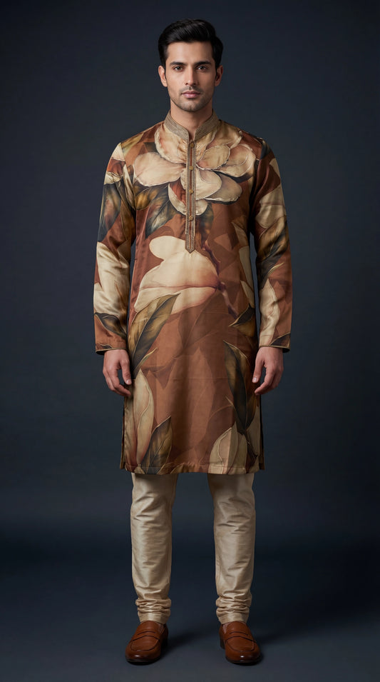 Brown Floral Printed Kurta Set for Men | Dresswala NX