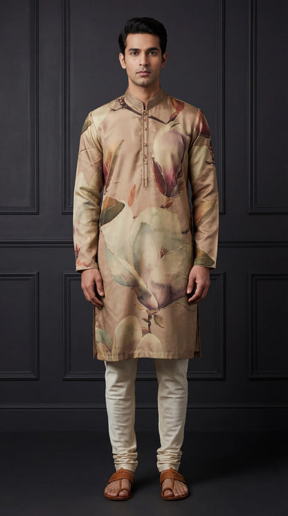 Beige Floral Printed Kurta Set for Men | Dresswala NX