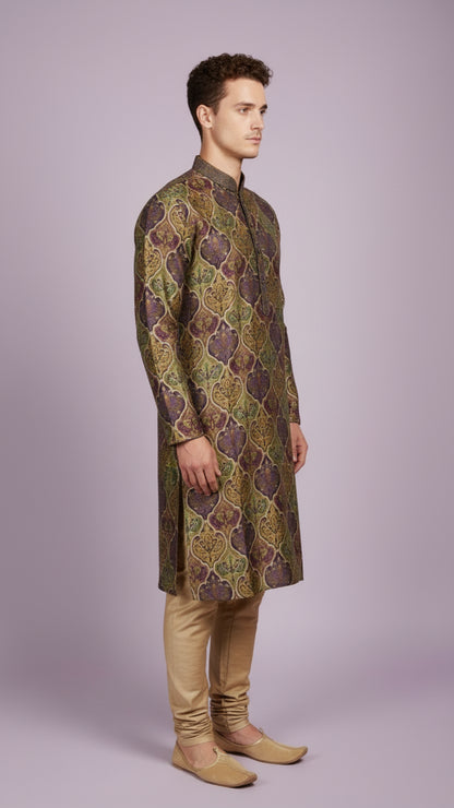 Purple-Green Printed Kurta Set for Men | Dresswala NX