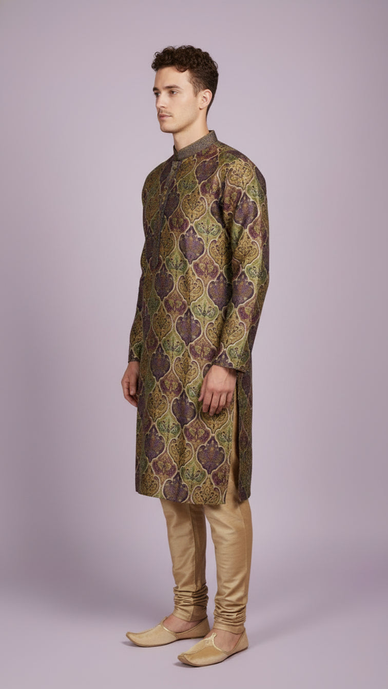 Purple-Green Printed Kurta Set for Men | Dresswala NX