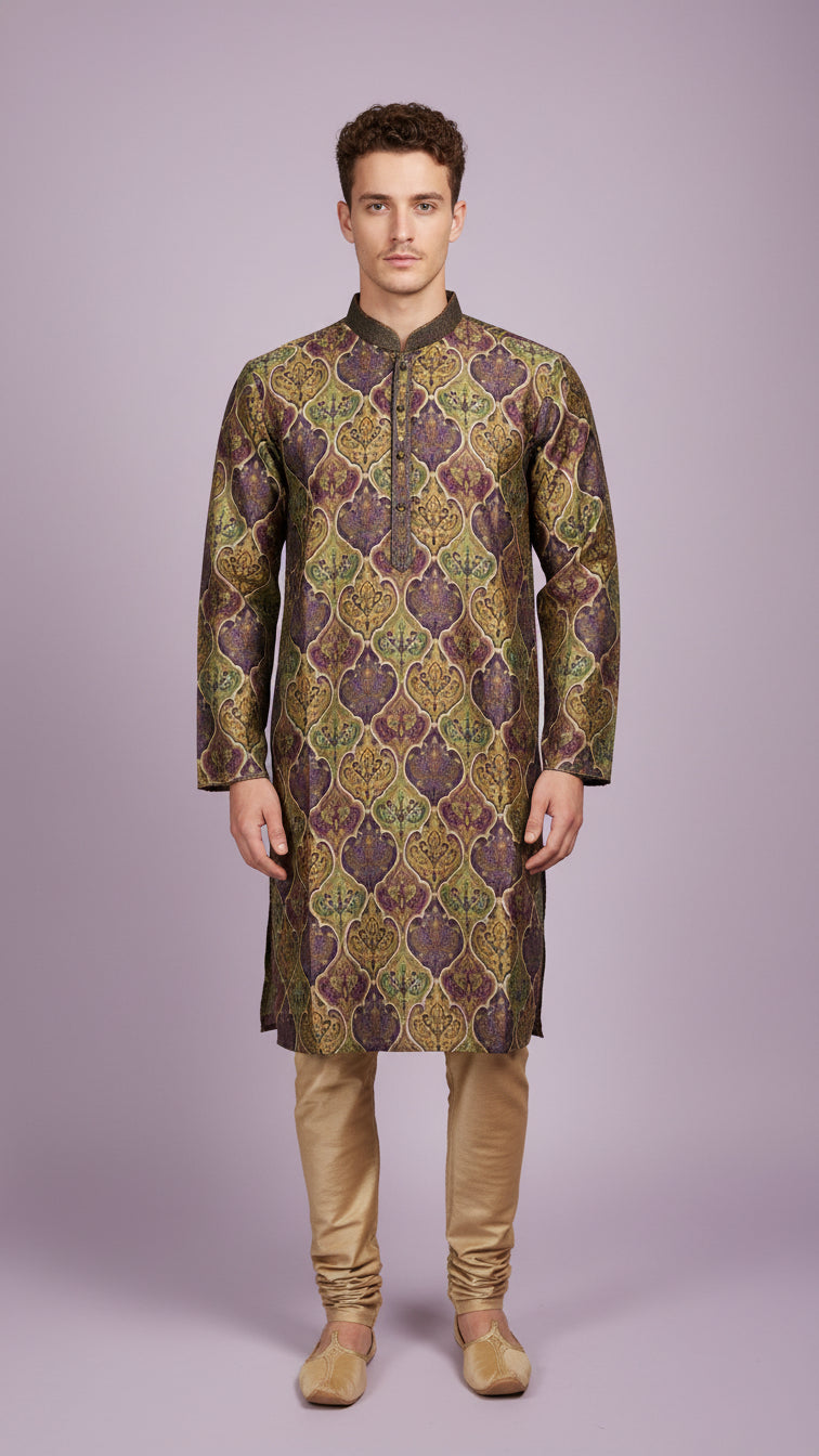 Purple-Green Printed Kurta Set for Men | Dresswala NX