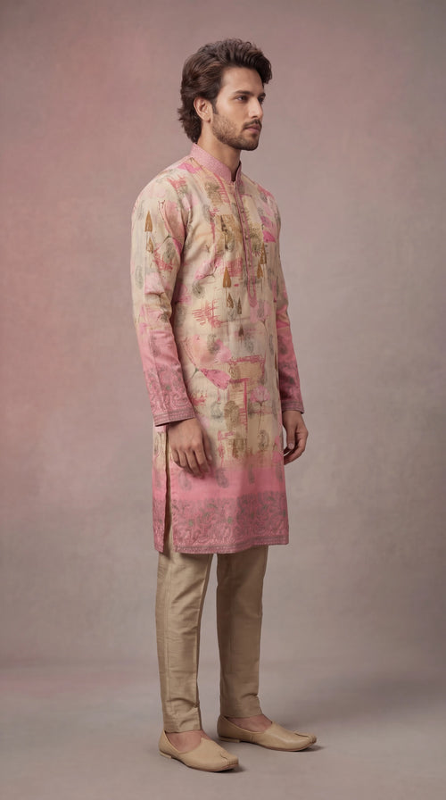 Beige & Pink Printed Kurta Set for Men | Dresswala NX
