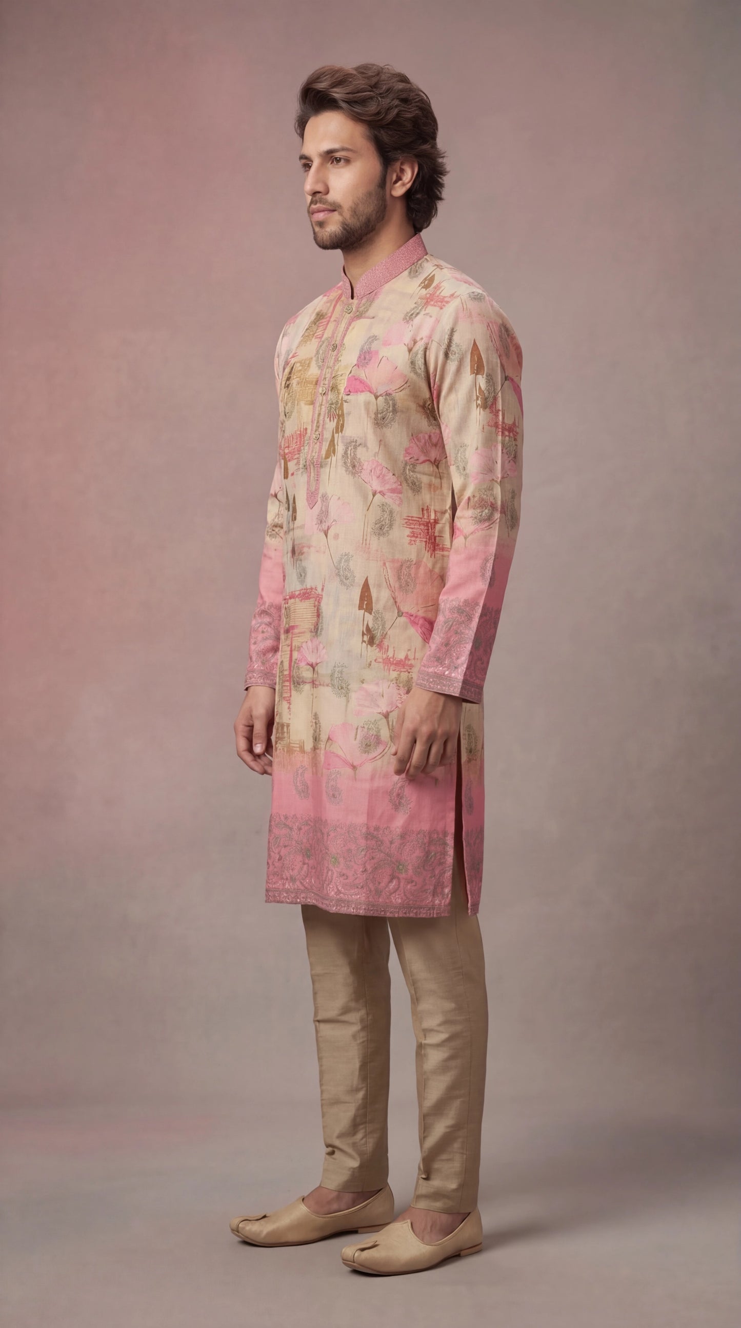 Beige & Pink Printed Kurta Set for Men | Dresswala NX