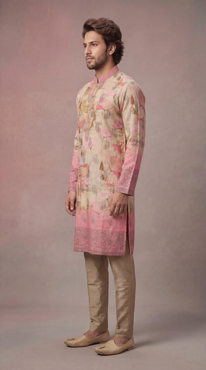 Beige & Pink Printed Kurta Set for Men | Dresswala NX