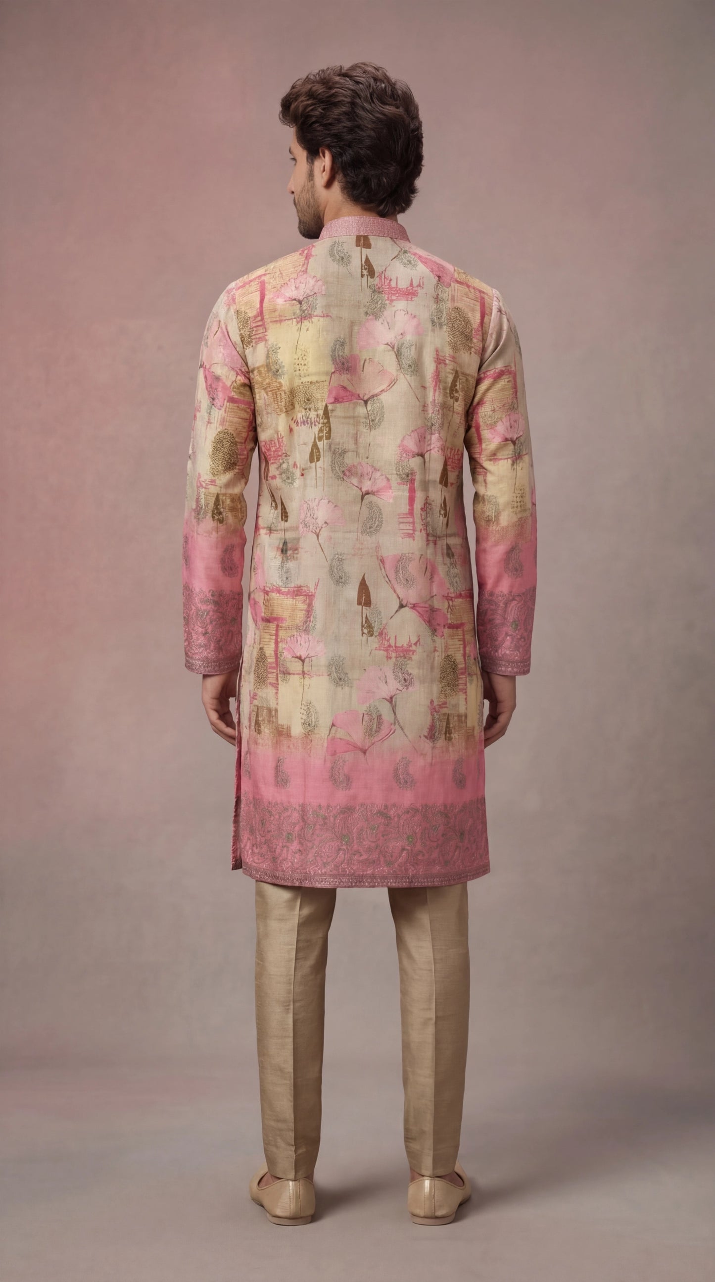 Beige & Pink Printed Kurta Set for Men | Dresswala NX