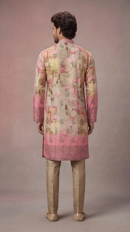 Beige & Pink Printed Kurta Set for Men | Dresswala NX