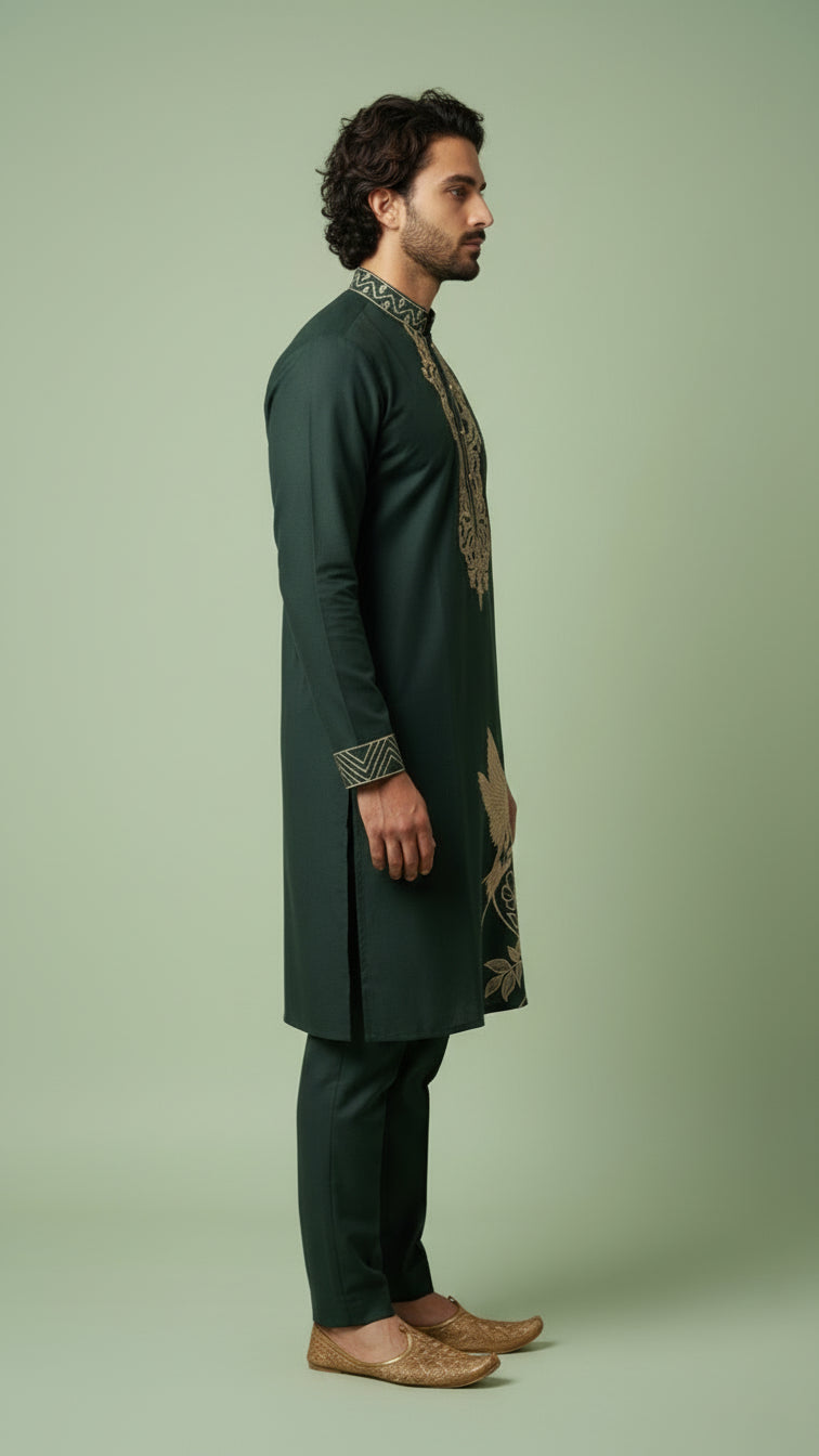 Dark Green Embroidered Kurta Set for Men | Dresswala NX