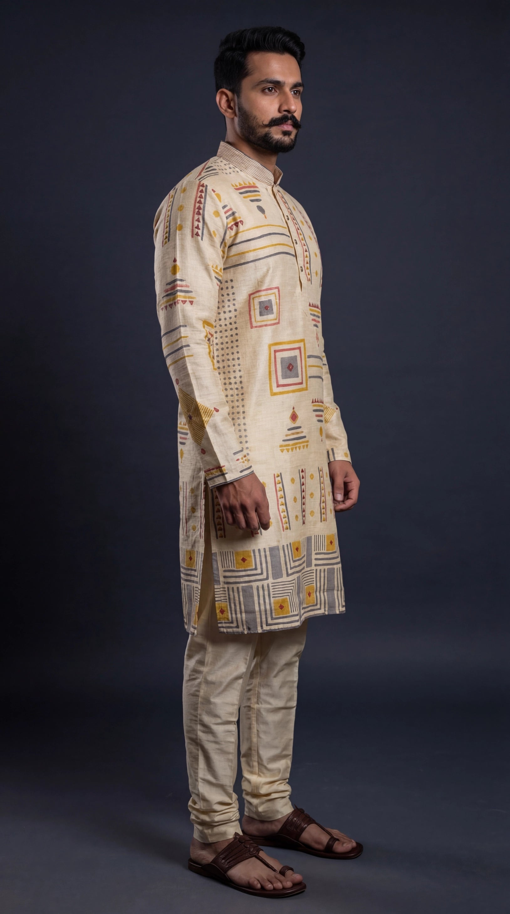 Beige Geometric Printed Kurta Set for Men | Dresswala NX