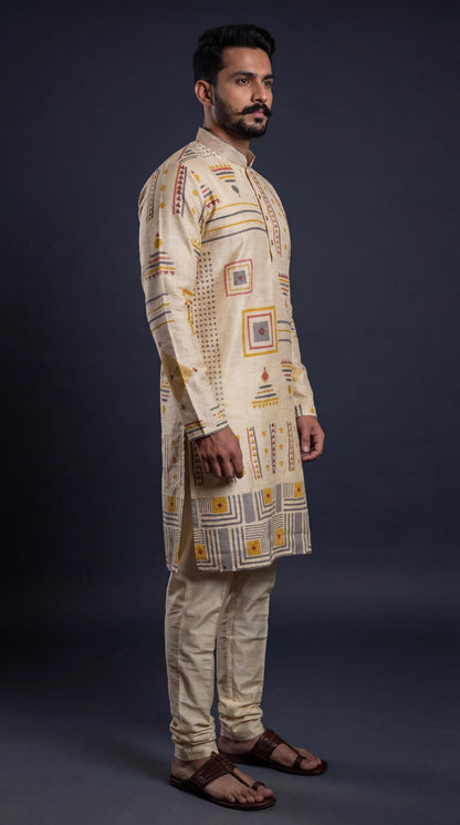 Beige Geometric Printed Kurta Set for Men | Dresswala NX