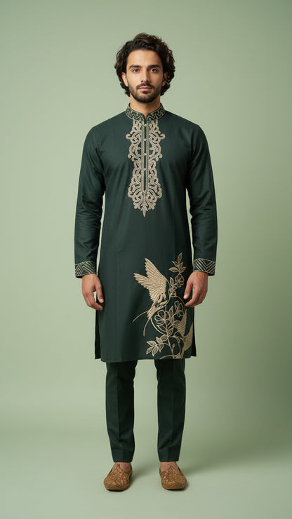 Dark Green Embroidered Kurta Set for Men | Dresswala NX