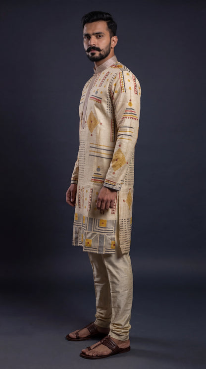 Beige Geometric Printed Kurta Set for Men | Dresswala NX