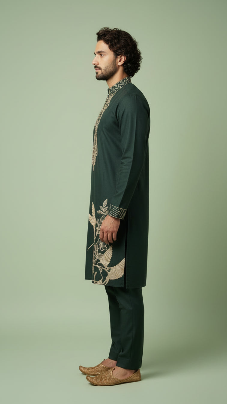Dark Green Embroidered Kurta Set for Men | Dresswala NX