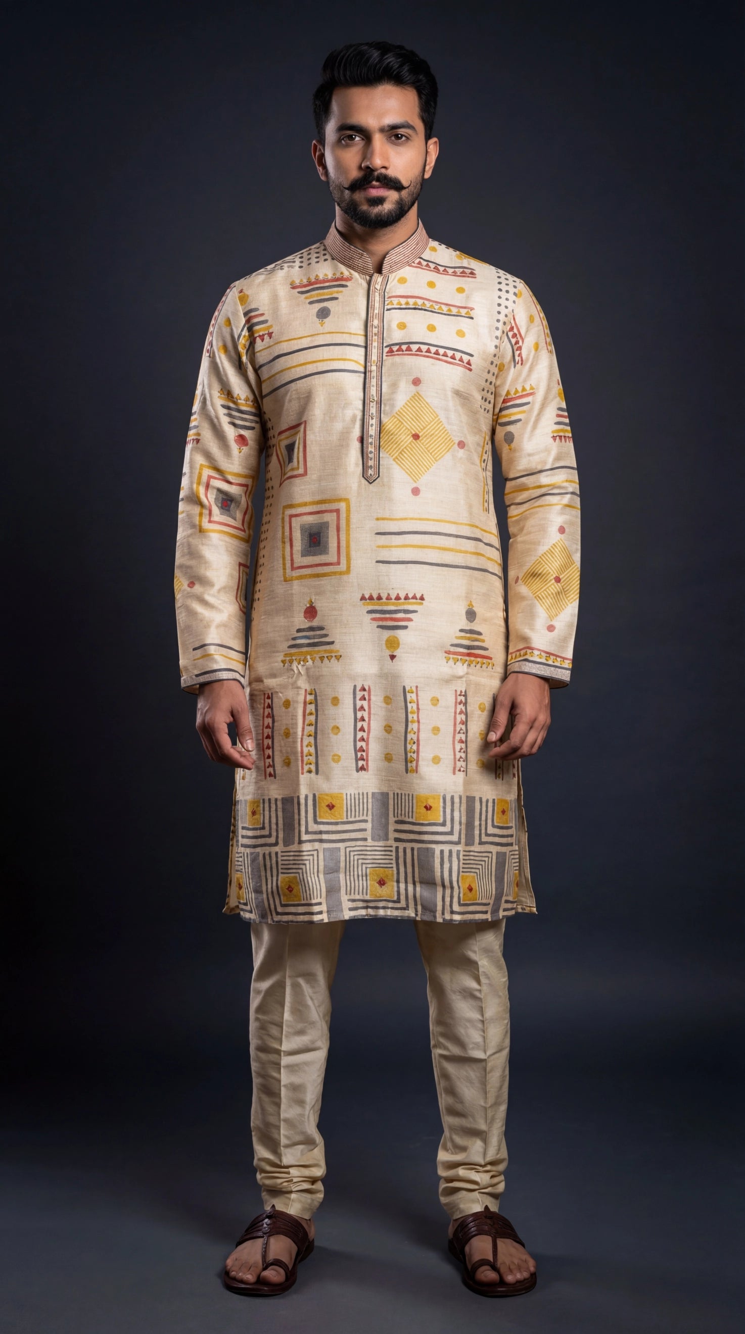 Beige Geometric Printed Kurta Set for Men | Dresswala NX