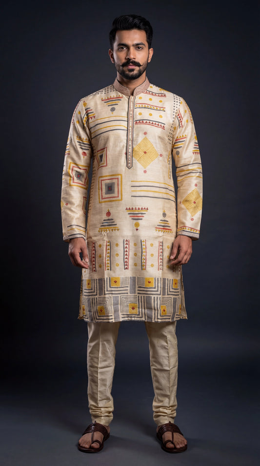 Beige Geometric Printed Kurta Set for Men | Dresswala NX