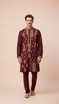 Men’s Maroon Designer Kurta Set with Thread Work | Dresswala NX