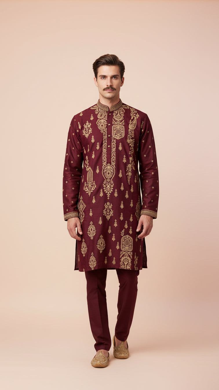 Men’s Maroon Designer Kurta Set with Thread Work | Dresswala NX