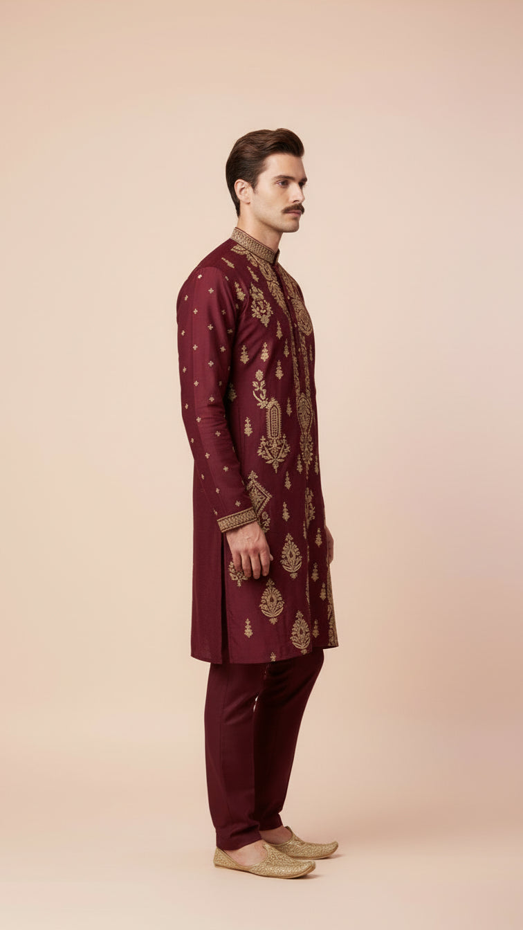 Men’s Maroon Designer Kurta Set with Thread Work | Dresswala NX
