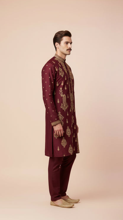 Men’s Maroon Designer Kurta Set with Thread Work | Dresswala NX