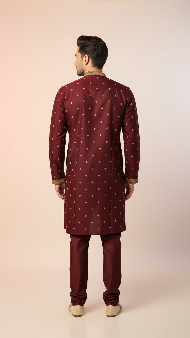 Men’s Maroon Designer Kurta Set with Thread Work | Dresswala NX