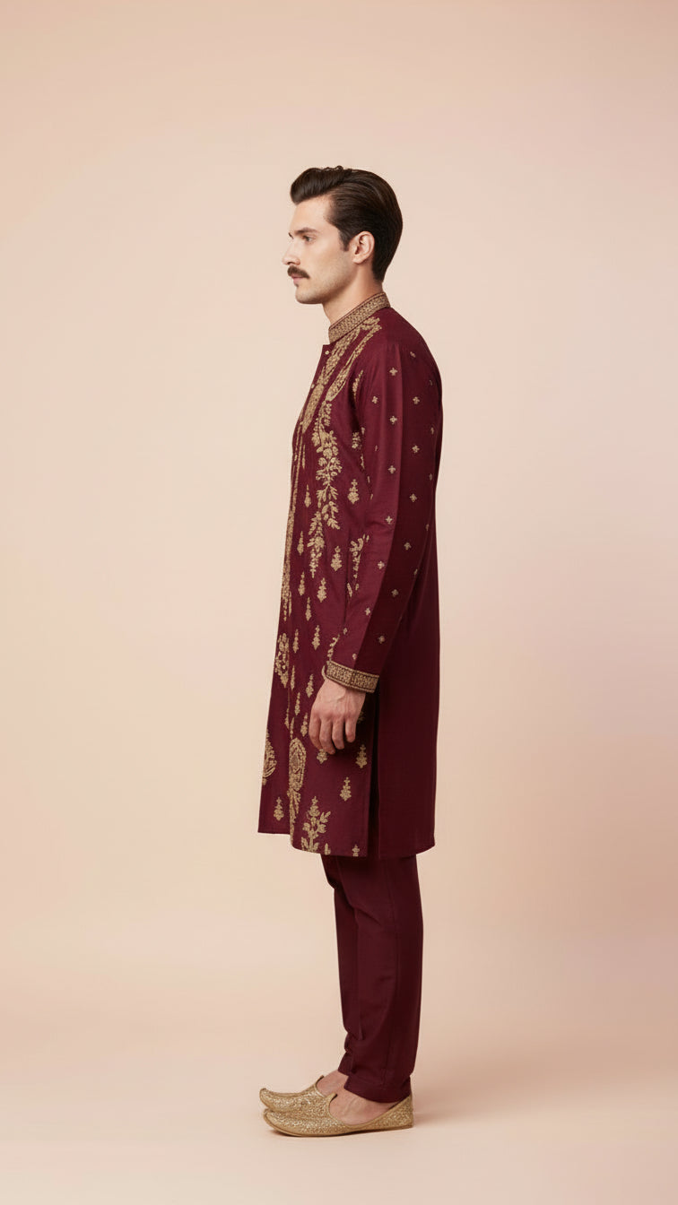 Men’s Maroon Designer Kurta Set with Thread Work | Dresswala NX