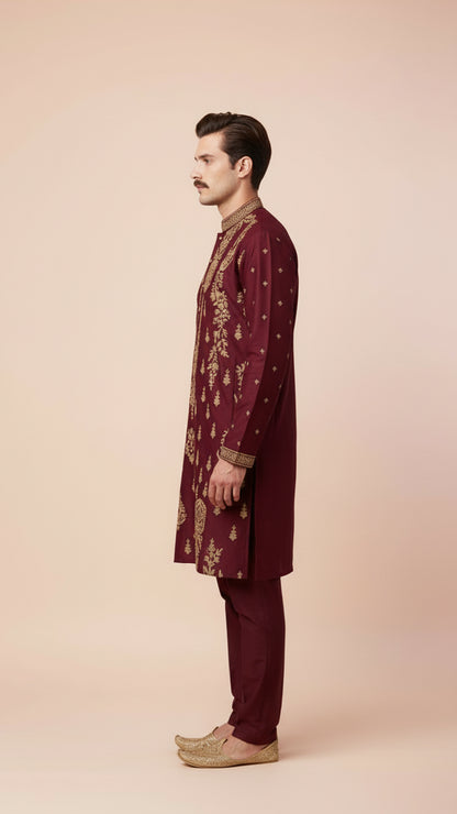 Men’s Maroon Designer Kurta Set with Thread Work | Dresswala NX