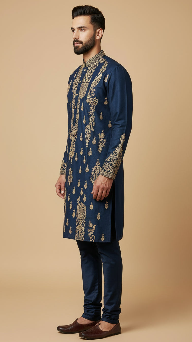 Men’s Navy Designer Kurta Set with Thread Work | Dresswala NX