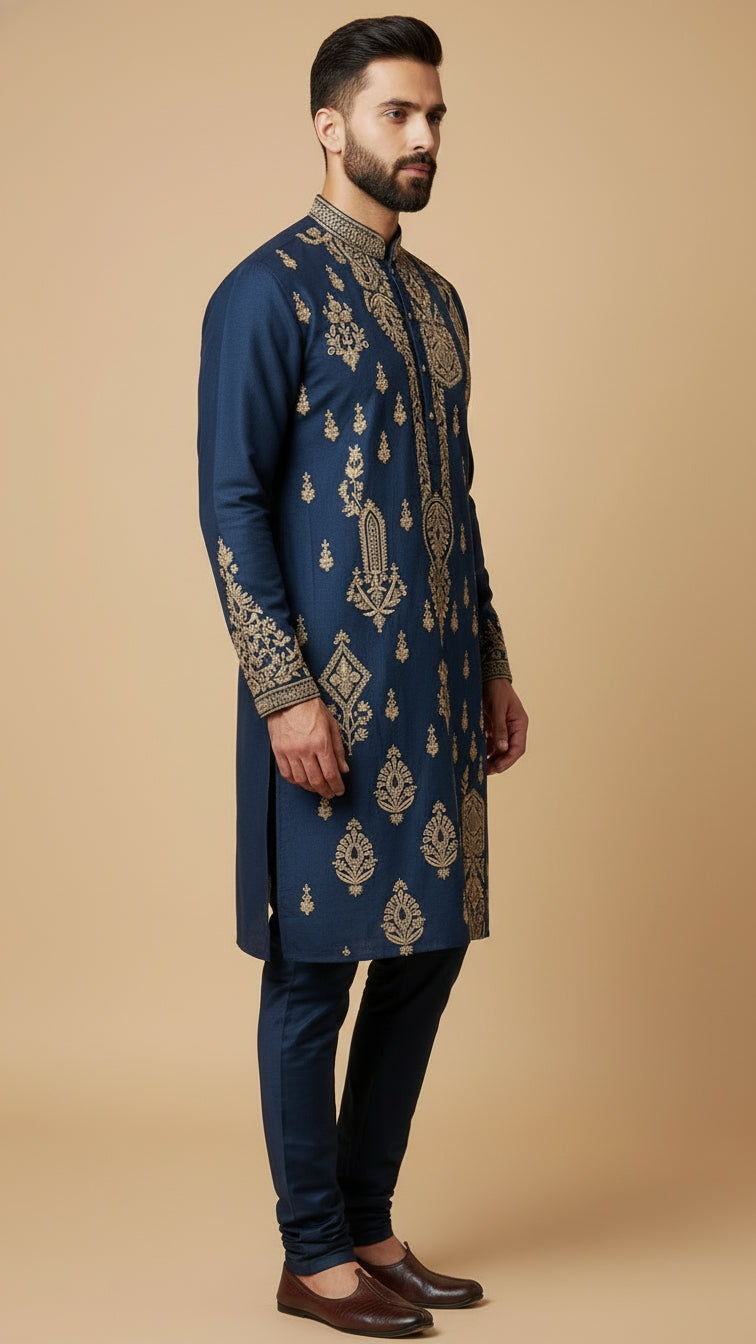 Men’s Navy Designer Kurta Set with Thread Work | Dresswala NX
