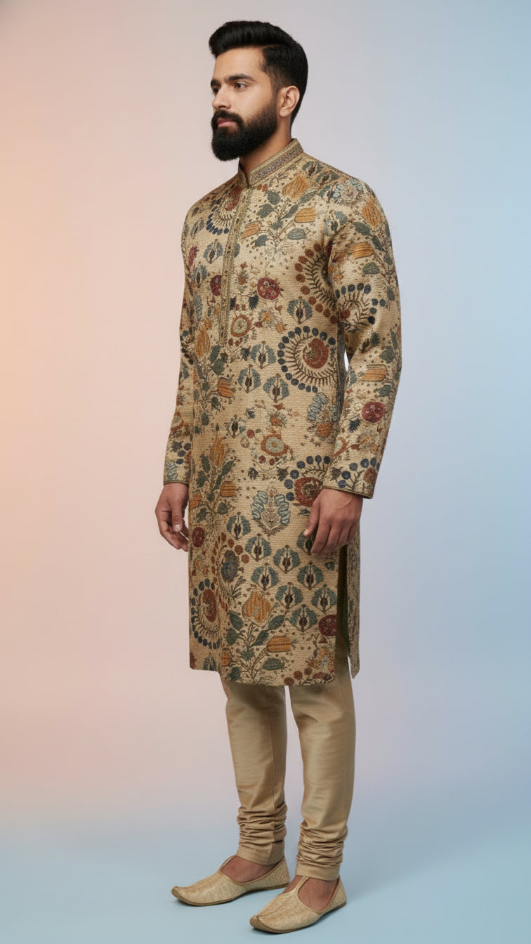 Beige Multicolour Printed Kurta Set for Men | Dresswala NX