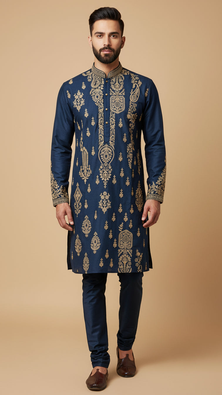 Men’s Navy Designer Kurta Set with Thread Work | Dresswala NX
