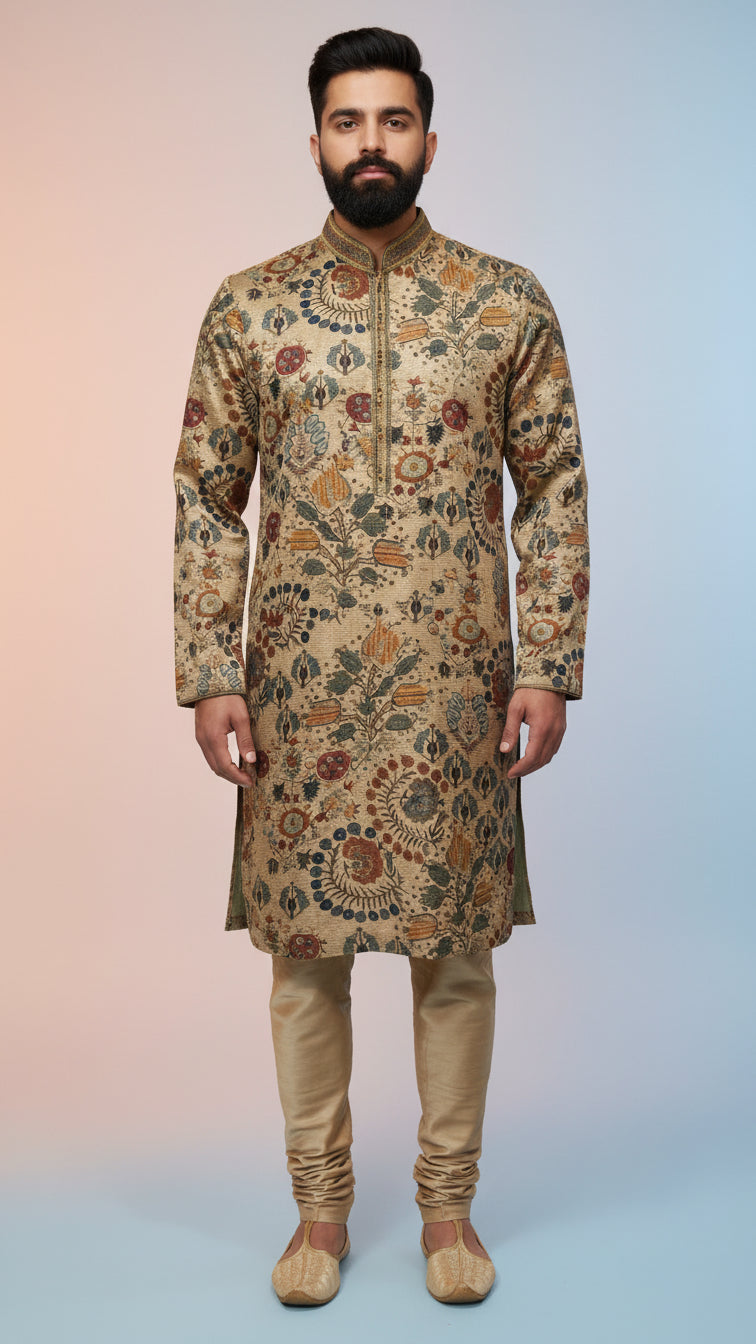 Beige Multicolour Printed Kurta Set for Men | Dresswala NX