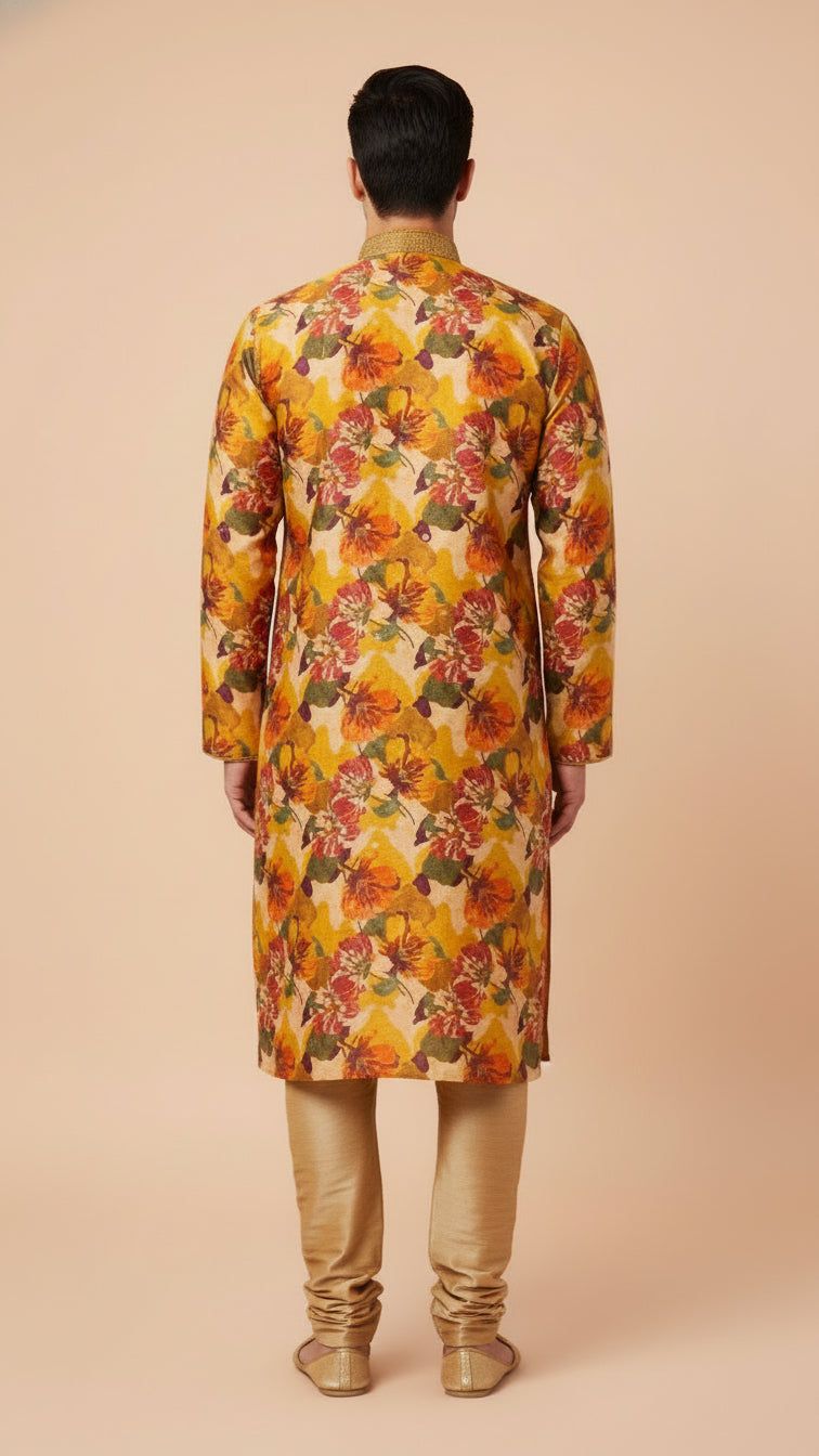 Yellow Floral Printed Kurta Set for Men | Dresswala NX