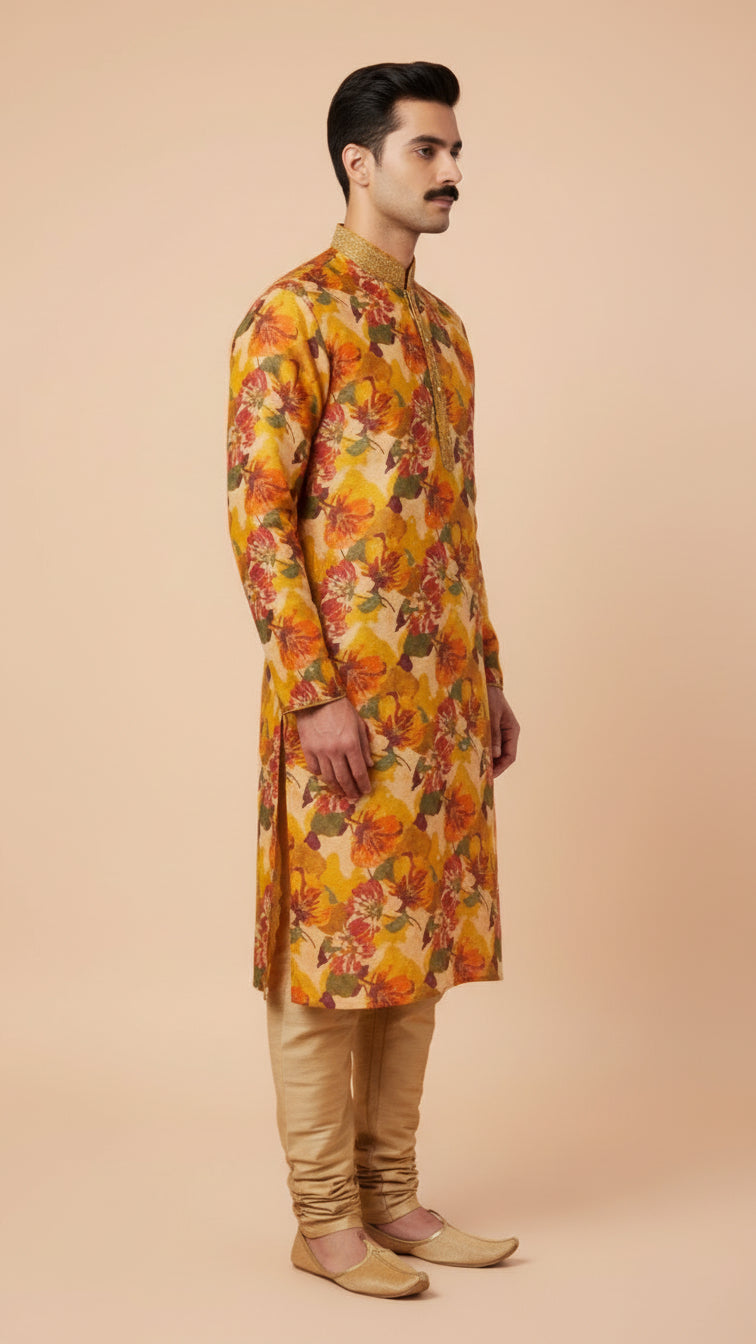 Yellow Floral Printed Kurta Set for Men | Dresswala NX