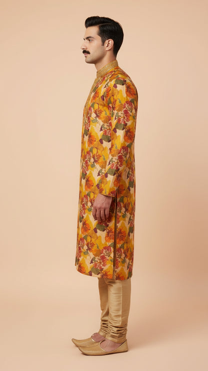 Yellow Floral Printed Kurta Set for Men | Dresswala NX