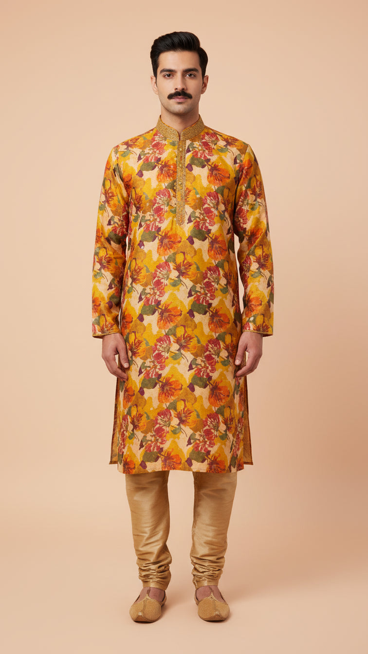 Yellow Floral Printed Kurta Set for Men | Dresswala NX